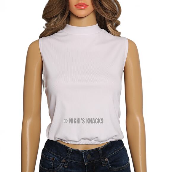 Olivia Rae Ribbed Cropped Tank Top White High Neck Sleeveless Relaxed Fit Size L - Picture 2 of 8